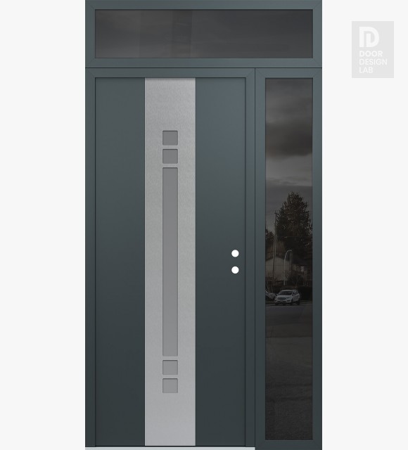 Modern Steel Front Door DIAMOND A4 48" X 96" ANTHRACITE/ANTHRACITE FROSTED GLASS PANEL STAINLESS STEEL LHI WITH SIDELITE AND TRANSOM MIRRORED GLASS