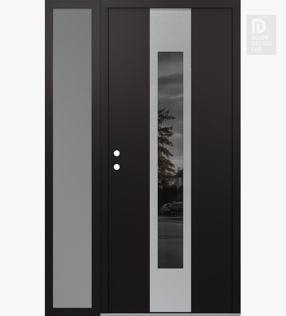 Modern Steel Front Door DIAMOND A1 48" X 80" BLACK/BLACK MIRRORED GLASS PANEL STAINLESS STEEL RHI WITH SIDELITE FROSTED GLASS