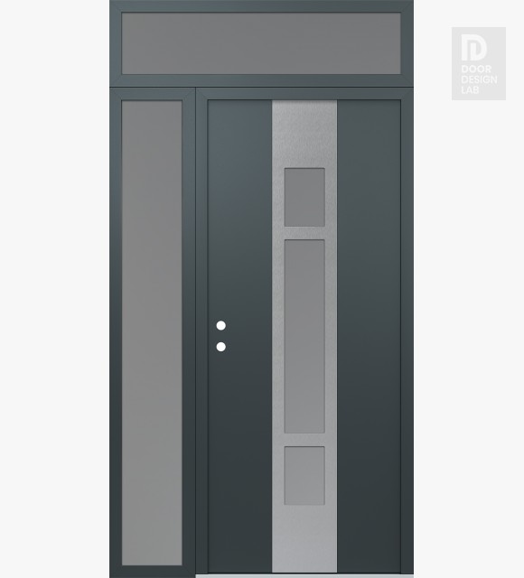 Modern Steel Front Door DIAMOND A9 52" X 96" ANTHRACITE/ANTHRACITE FROSTED GLASS PANEL STAINLESS STEEL RHI WITH SIDELITE AND TRANSOM FROSTED GLASS