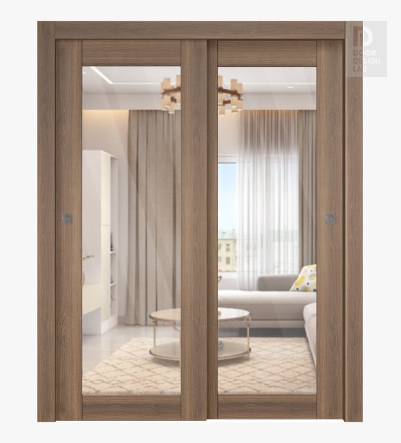 Avon 207 Clear Vetro Pecan Nutwood Modern Interior Bypass Doors by Belldinni