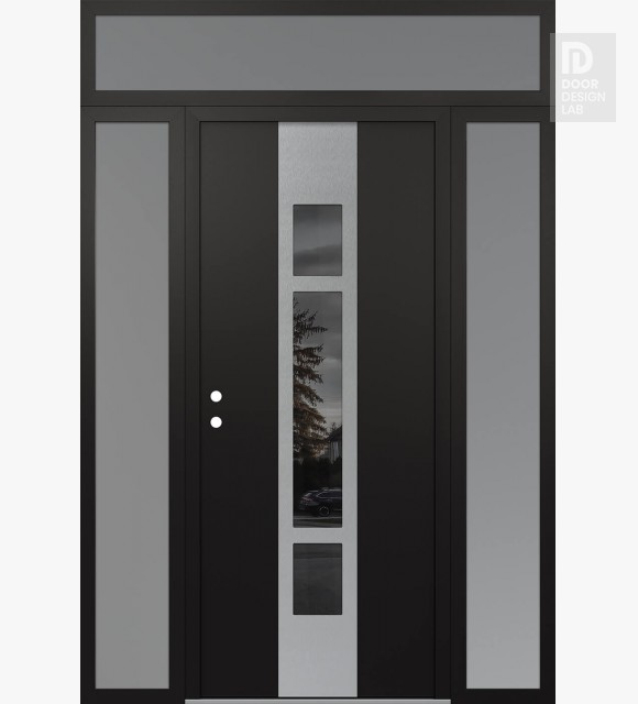 Modern Steel Front Door DIAMOND A9 68" X 96" BLACK/BLACK MIRRORED GLASS PANEL STAINLESS STEEL RHI WITH 2 SIDELITES AND TRANSOM FROSTED GLASS