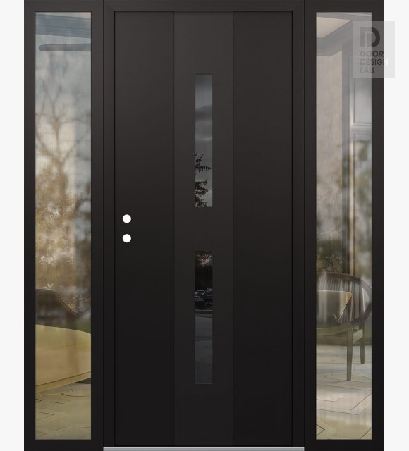 Modern Steel Front Door DIAMOND A6 60" X 80" BLACK/BLACK MIRRORED GLASS PANEL BLACK RHI WITH 2 SIDELITES CLEAR GLASS