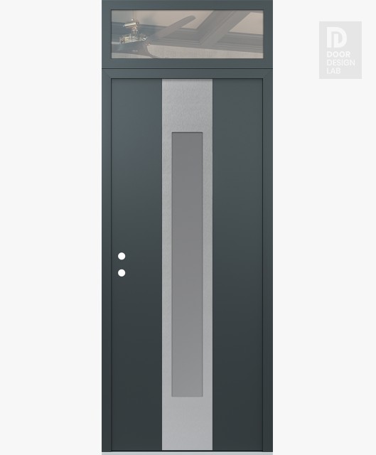 Modern Steel Front Door DIAMOND A1 36" X 96" ANTHRACITE/ANTHRACITE FROSTED GLASS PANEL STAINLESS STEEL RHI WITH TRANSOM CLEAR GLASS