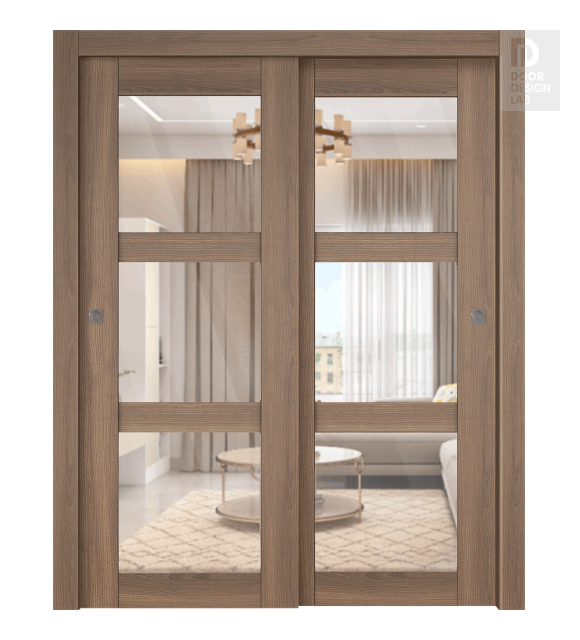 Avon 3 Lite Clear Vetro Pecan Nutwood Modern Interior Bypass Doors by Belldinni