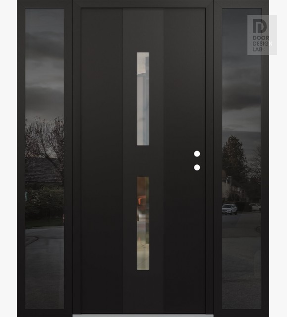 Modern Steel Front Door DIAMOND A6 64" X 80" BLACK/BLACK CLEAR GLASS PANEL BLACK LHI WITH 2 SIDELITES MIRRORED GLASS