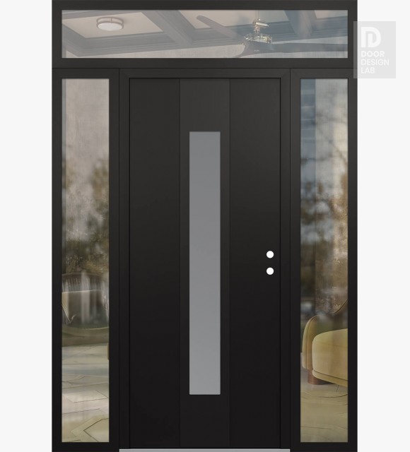Modern Steel Front Door DIAMOND A1 64" X 96" BLACK/WHITE FROSTED GLASS PANEL BLACK LHI WITH 2 SIDELITES AND TRANSOM CLEAR GLASS