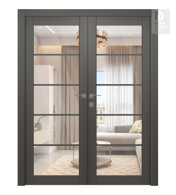 Avon 5 Lite Clear Vetro Gray Matte Modern Interior Double Swing Doors by Belldinni