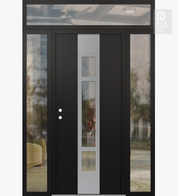 Modern Steel Front Door DIAMOND A9 64" X 96" BLACK/BLACK CLEAR GLASS PANEL STAINLESS STEEL RHI WITH 2 SIDELITES AND TRANSOM CLEAR GLASS