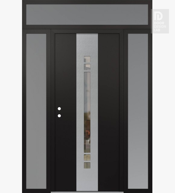 Modern Steel Front Door DIAMOND A4 68" X 96" BLACK/BLACK CLEAR GLASS PANEL STAINLESS STEEL RHI WITH 2 SIDELITES AND TRANSOM FROSTED GLASS