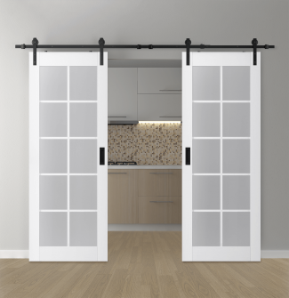 DOUBLE BARN DOOR PALLADIO 10 LITE VETRO BIANCO NOBLE 56" X 80" X 1 9/16" TEMPERED FROSTED GLASS BLACK HARDWARE