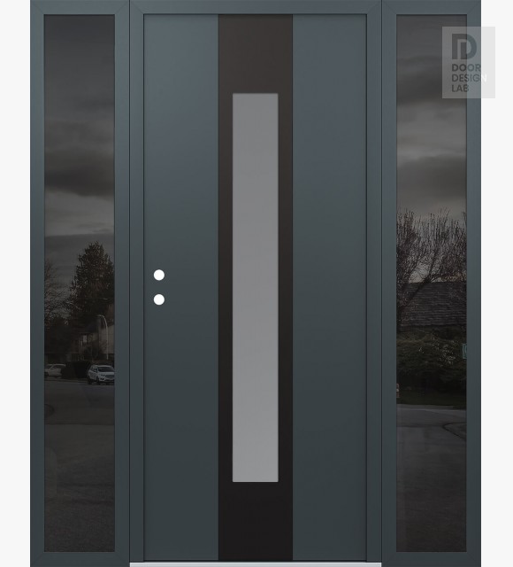 Modern Steel Front Door DIAMOND A1 64" X 80" ANTHRACITE/ANTHRACITE FROSTED GLASS PANEL BLACK RHI WITH 2 SIDELITES MIRRORED GLASS