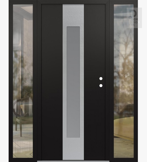 Modern Steel Front Door DIAMOND A1 64" X 80" BLACK/WHITE FROSTED GLASS PANEL STAINLESS STEEL LHI WITH 2 SIDELITES CLEAR GLASS