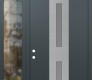 Modern Steel Front Door DIAMOND A6 48" X 96" ANTHRACITE/ANTHRACITE FROSTED GLASS PANEL STAINLESS STEEL RHI WITH SIDELITE AND TRANSOM CLEAR GLASS