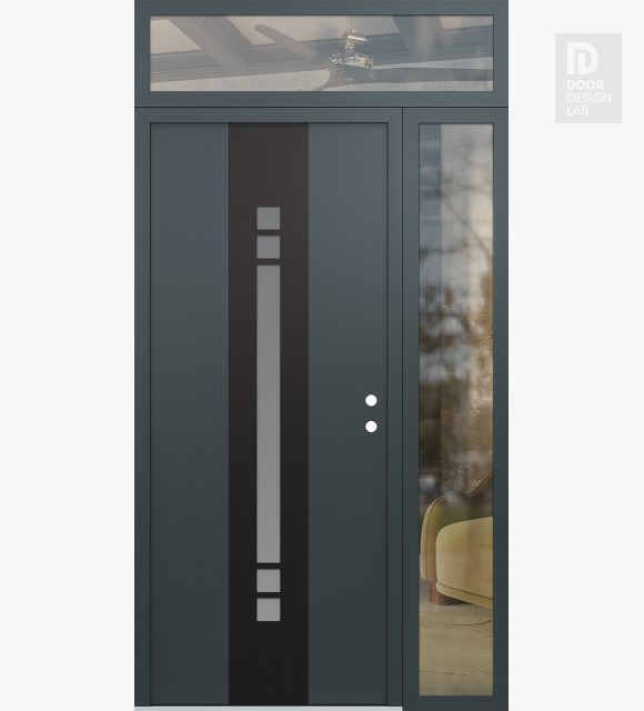 Modern Steel Front Door DIAMOND A4 48" X 96" ANTHRACITE/ANTHRACITE FROSTED GLASS PANEL BLACK LHI WITH SIDELITE AND TRANSOM CLEAR GLASS