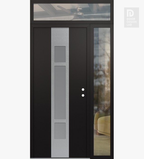 Modern Steel Front Door DIAMOND A9 50" X 96" BLACK/WHITE FROSTED GLASS PANEL STAINLESS STEEL LHI WITH SIDELITE AND TRANSOM CLEAR GLASS