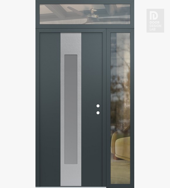 Modern Steel Front Door DIAMOND A1 52" X 96" ANTHRACITE/ANTHRACITE FROSTED GLASS PANEL STAINLESS STEEL LHI WITH SIDELITE AND TRANSOM CLEAR GLASS