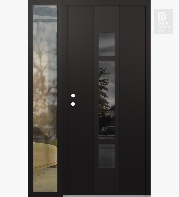 Modern Steel Front Door DIAMOND A9 52" X 80" BLACK/BLACK MIRRORED GLASS PANEL BLACK RHI WITH SIDELITE CLEAR GLASS