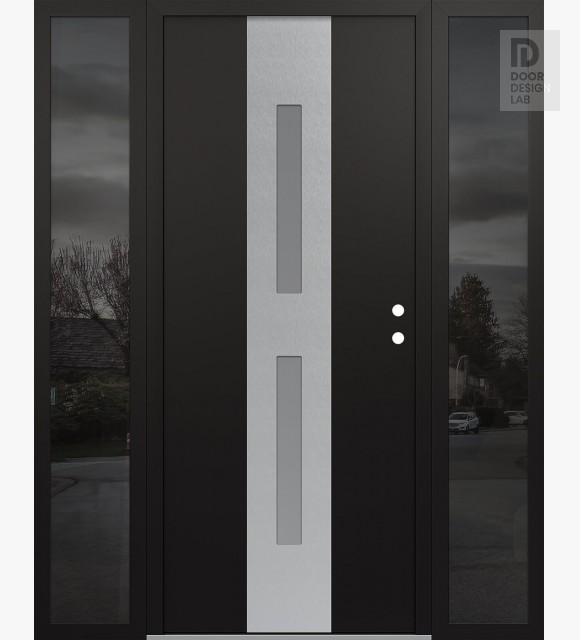 Modern Steel Front Door DIAMOND A6 64" X 80" BLACK/WHITE FROSTED GLASS PANEL STAINLESS STEEL LHI WITH 2 SIDELITES MIRRORED GLASS
