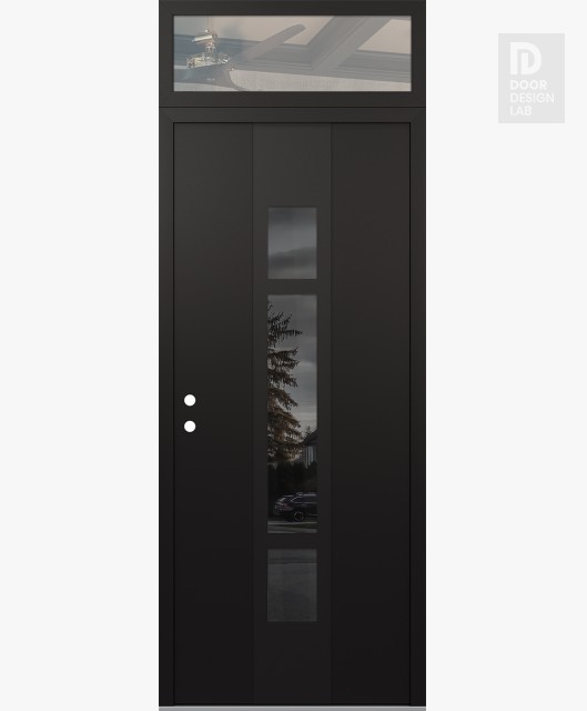 Modern Steel Front Door DIAMOND A9 36" X 96" BLACK/BLACK MIRRORED GLASS PANEL BLACK RHI WITH TRANSOM CLEAR GLASS