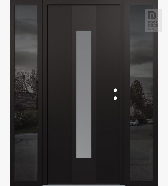 Modern Steel Front Door DIAMOND A1 60" X 80" BLACK/WHITE FROSTED GLASS PANEL BLACK LHI WITH 2 SIDELITES MIRRORED GLASS