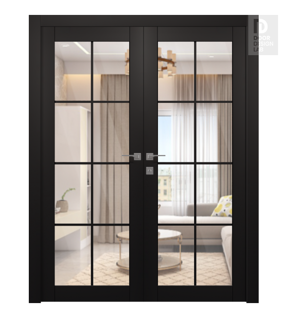 Avon 8 Lite Clear Vetro Black Matte Modern Interior Double Swing Doors by Belldinni