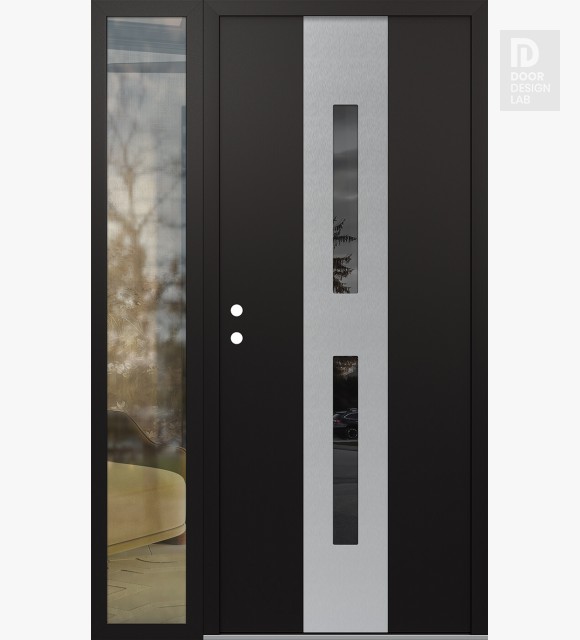 Modern Steel Front Door DIAMOND A6 48" X 80" BLACK/BLACK MIRRORED GLASS PANEL STAINLESS STEEL RHI WITH SIDELITE CLEAR GLASS