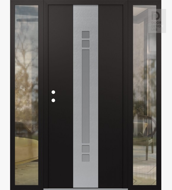 Modern Steel Front Door DIAMOND A4 68" X 80" BLACK/WHITE FROSTED GLASS PANEL STAINLESS STEEL RHI WITH 2 SIDELITES CLEAR GLASS