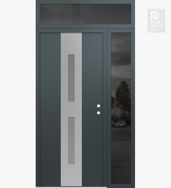 Modern Steel Front Door DIAMOND A6 52" X 96" ANTHRACITE/ANTHRACITE FROSTED GLASS PANEL STAINLESS STEEL LHI WITH SIDELITE AND TRANSOM MIRRORED GLASS
