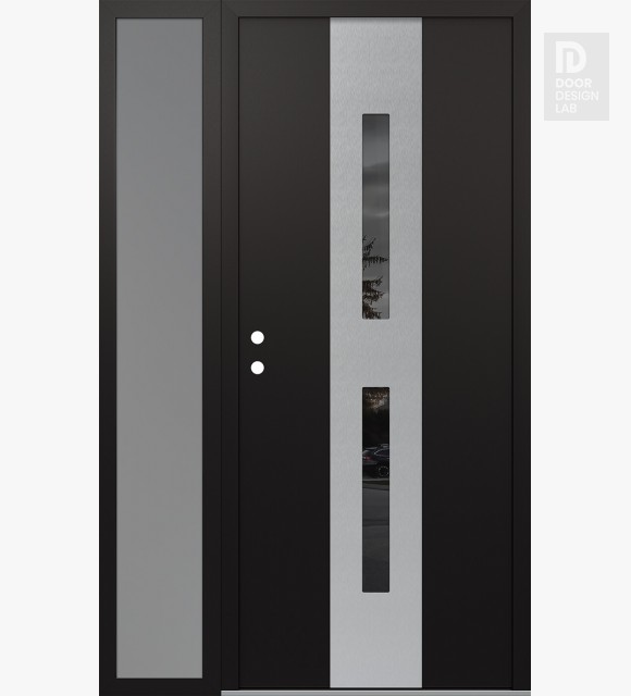 Modern Steel Front Door DIAMOND A6 48" X 80" BLACK/BLACK MIRRORED GLASS PANEL STAINLESS STEEL RHI WITH SIDELITE FROSTED GLASS