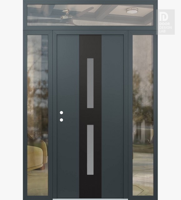 Modern Steel Front Door DIAMOND A6 60" X 96" ANTHRACITE/ANTHRACITE FROSTED GLASS PANEL BLACK RHI WITH 2 SIDELITES AND TRANSOM CLEAR GLASS