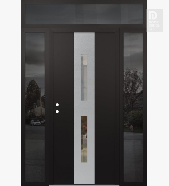 Modern Steel Front Door DIAMOND A6 60" X 96" BLACK/BLACK CLEAR GLASS PANEL STAINLESS STEEL RHI WITH 2 SIDELITES AND TRANSOM MIRRORED GLASS