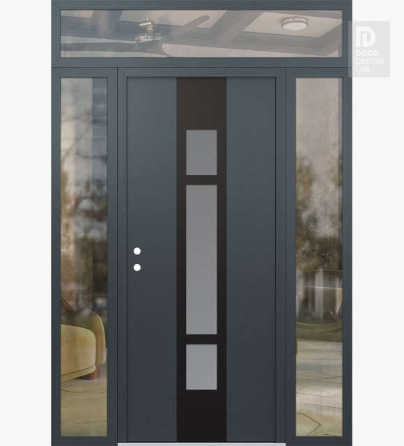 Modern Steel Front Door DIAMOND A9 68" X 96" ANTHRACITE/ANTHRACITE FROSTED GLASS PANEL BLACK RHI WITH 2 SIDELITES AND TRANSOM CLEAR GLASS