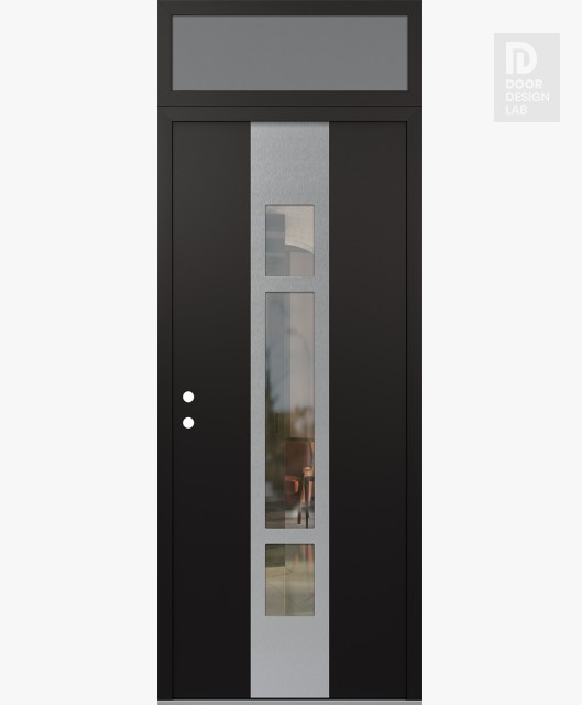 Modern Steel Front Door DIAMOND A9 36" X 96" BLACK/BLACK CLEAR GLASS PANEL STAINLESS STEEL RHI WITH TRANSOM FROSTED GLASS