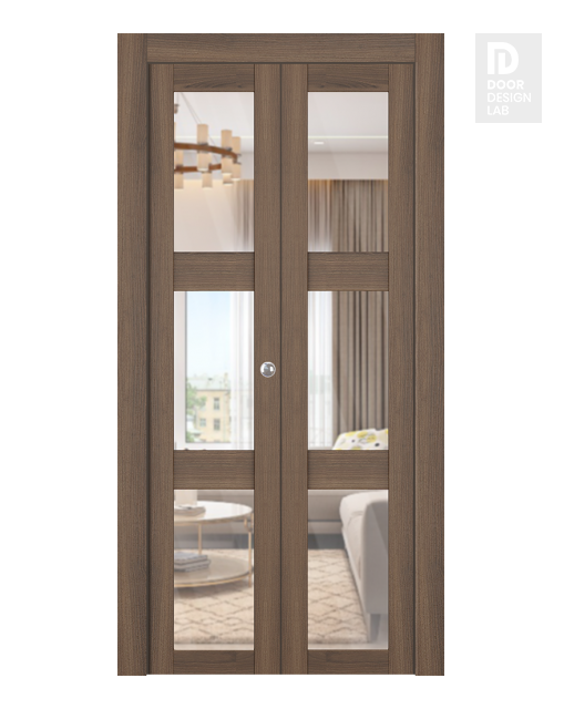 Avon 3 Lite Clear Vetro Pecan Nutwood Modern Interior Bifold Doors by Belldinni