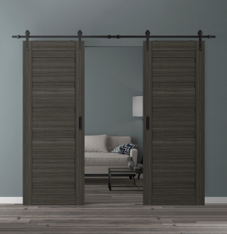 DOUBLE BARN DOOR LOUVER GRAY OAK 36" X 80" X 1 3/4" BLACK HARDWARE
