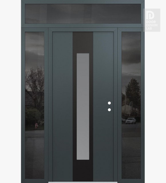 Modern Steel Front Door DIAMOND A1 60" X 96" ANTHRACITE/ANTHRACITE FROSTED GLASS PANEL BLACK LHI WITH 2 SIDELITES AND TRANSOM MIRRORED GLASS