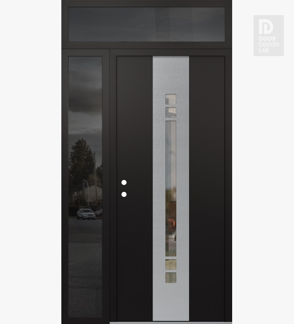 Modern Steel Front Door DIAMOND A4 52" X 96" BLACK/BLACK CLEAR GLASS PANEL STAINLESS STEEL RHI WITH SIDELITE AND TRANSOM MIRRORED GLASS