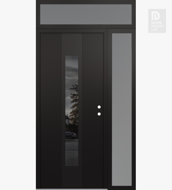 Modern Steel Front Door DIAMOND A1 52" X 96" BLACK/BLACK MIRRORED GLASS PANEL BLACK LHI WITH SIDELITE AND TRANSOM FROSTED GLASS