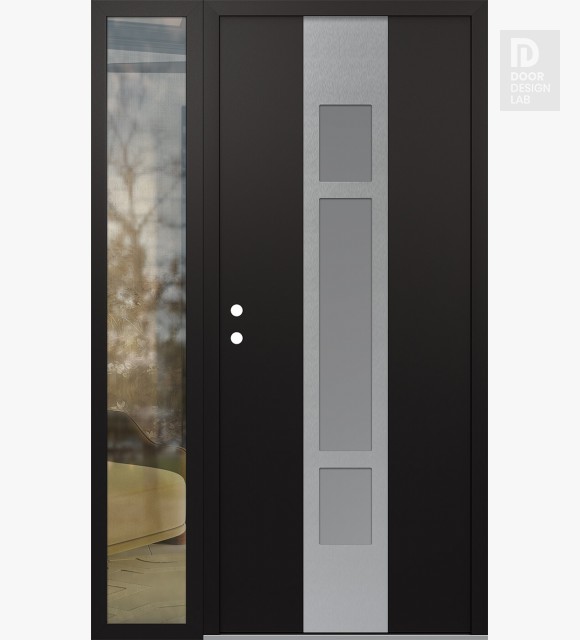 Modern Steel Front Door DIAMOND A9 50" X 80" BLACK/WHITE FROSTED GLASS PANEL STAINLESS STEEL RHI WITH SIDELITE CLEAR GLASS