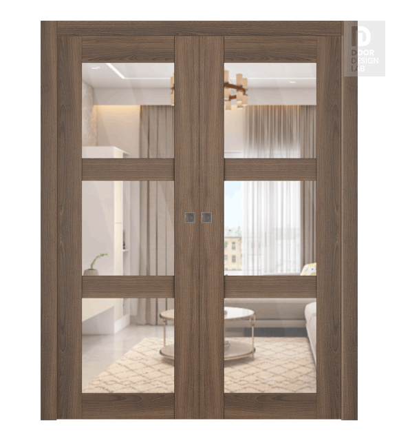Avon 3 Lite Clear Vetro Pecan Nutwood Modern Interior Double Pocket Doors by Belldinni
