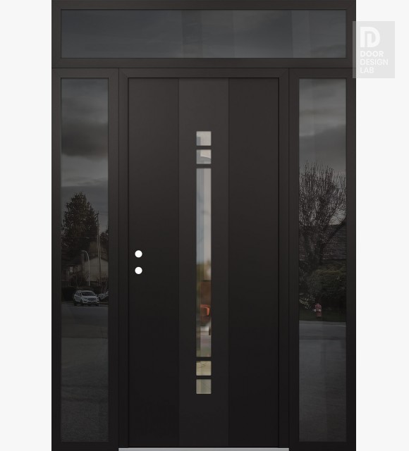 Modern Steel Front Door DIAMOND A4 60" X 96" BLACK/BLACK CLEAR GLASS PANEL BLACK RHI WITH 2 SIDELITES AND TRANSOM MIRRORED GLASS