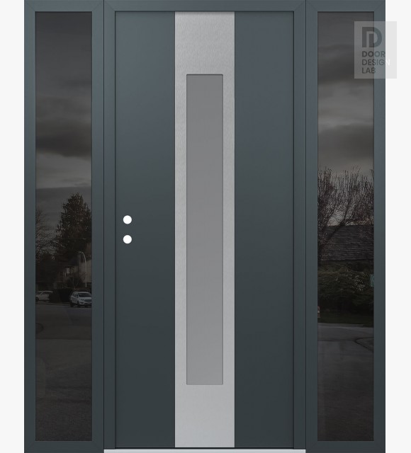 Modern Steel Front Door DIAMOND A1 60" X 80" ANTHRACITE/ANTHRACITE FROSTED GLASS PANEL STAINLESS STEEL RHI WITH 2 SIDELITES MIRRORED GLASS