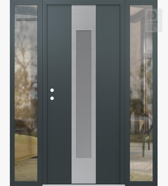 Modern Steel Front Door DIAMOND A1 60" X 80" ANTHRACITE/ANTHRACITE FROSTED GLASS PANEL STAINLESS STEEL RHI WITH 2 SIDELITES CLEAR GLASS