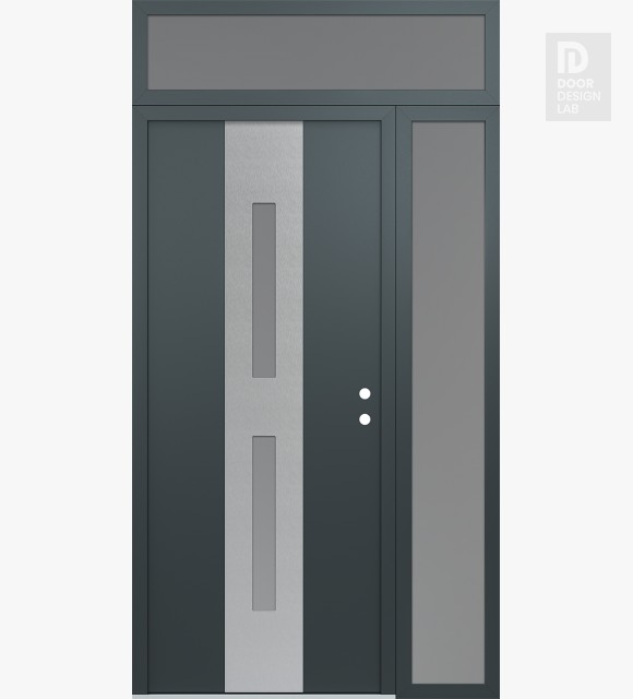 Modern Steel Front Door DIAMOND A6 48" X 96" ANTHRACITE/ANTHRACITE FROSTED GLASS PANEL STAINLESS STEEL LHI WITH SIDELITE AND TRANSOM FROSTED GLASS