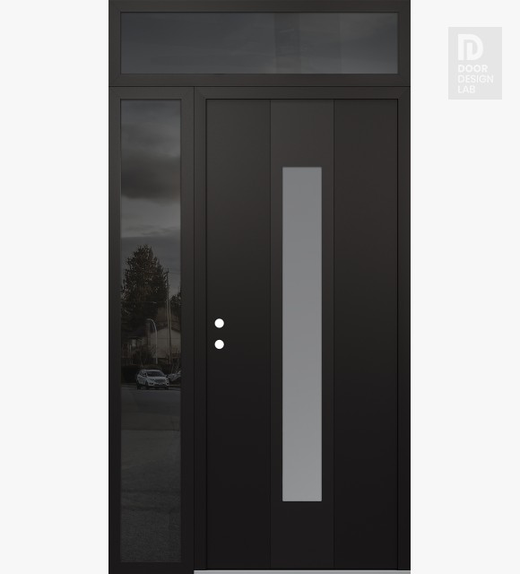 Modern Steel Front Door DIAMOND A1 50" X 96" BLACK/WHITE FROSTED GLASS PANEL BLACK RHI WITH SIDELITE AND TRANSOM MIRRORED GLASS