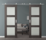 DOUBLE BARN DOOR PALLADIO 3 LITE VETRO GRAY OAK 64" X 80" X 1 9/16" TEMPERED FROSTED GLASS STAINLESS STEEL HARDWARE