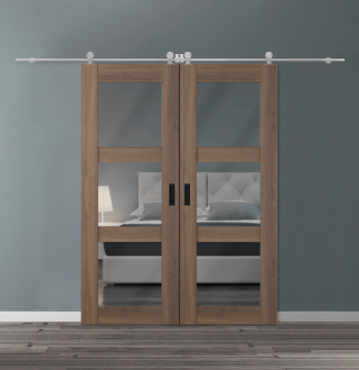 DOUBLE BARN DOOR AVON 3 LITE VETRO PECAN NUTWOOD 36" X 80" X 1 3/4" STAINLESS STEEL HARDWARE