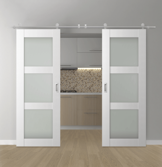 DOUBLE BARN DOOR PALLADIO 3 LITE VETRO BIANCO NOBLE 56" X 80" X 1 9/16" TEMPERED FROSTED GLASS STAINLESS STEEL HARDWARE