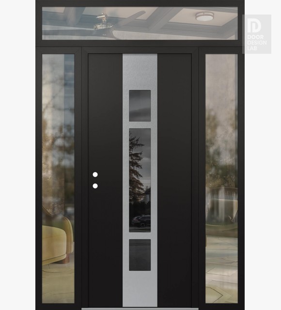 Modern Steel Front Door DIAMOND A9 64" X 96" BLACK/BLACK MIRRORED GLASS PANEL STAINLESS STEEL RHI WITH 2 SIDELITES AND TRANSOM CLEAR GLASS