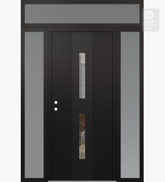 Modern Steel Front Door DIAMOND A6 64" X 96" BLACK/BLACK CLEAR GLASS PANEL BLACK RHI WITH 2 SIDELITES AND TRANSOM FROSTED GLASS